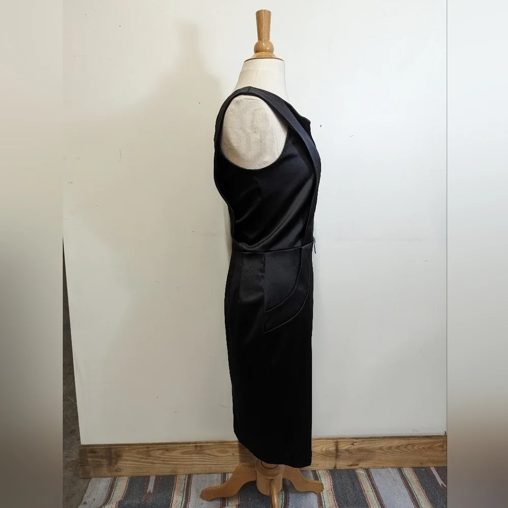 ELLEN Tracy Black Satin Sheath Wiggle Dress Mad Men MCM Style 6 Sleeveless